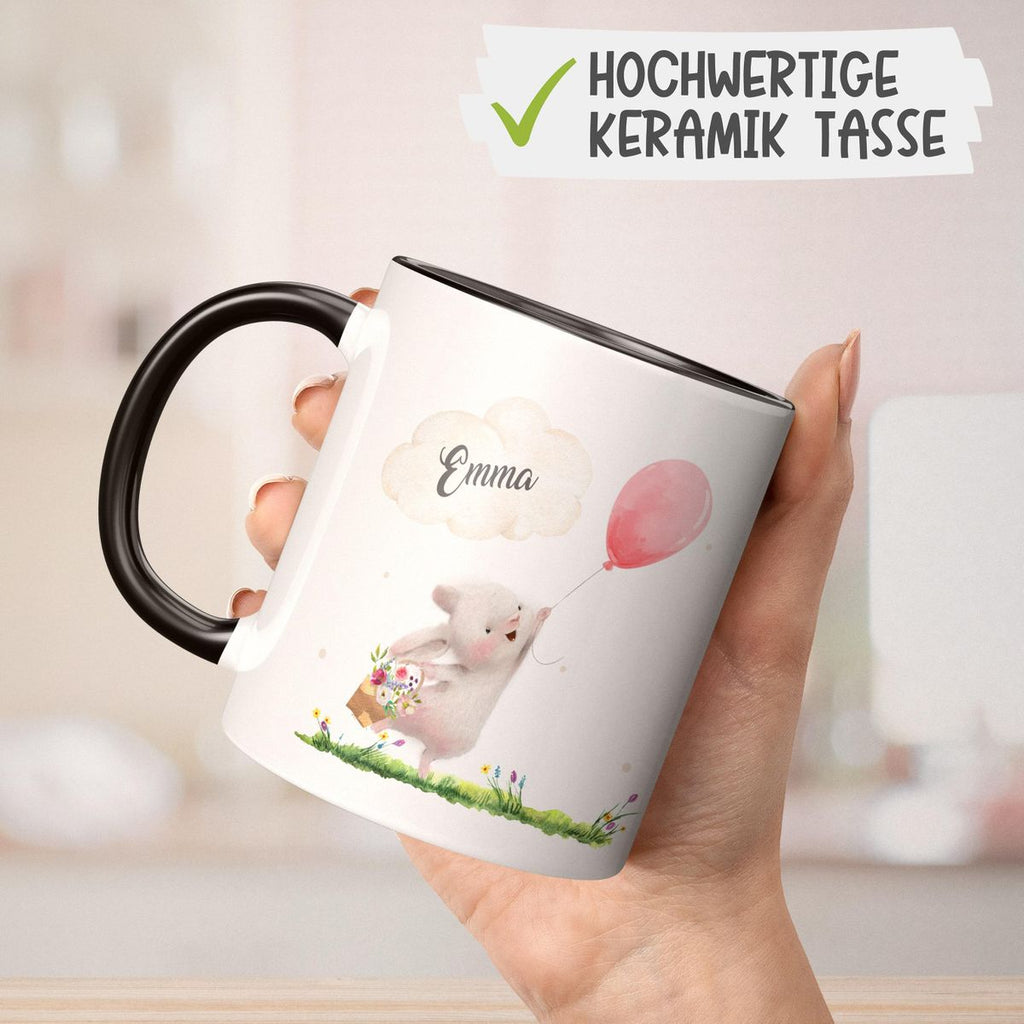 Keramik Tasse Süßer Hase mit einem Luftballon personalisiert mit Wunschname - von Mikalino