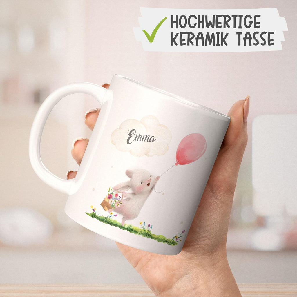 Keramik Tasse Süßer Hase mit einem Luftballon personalisiert mit Wunschname - von Mikalino