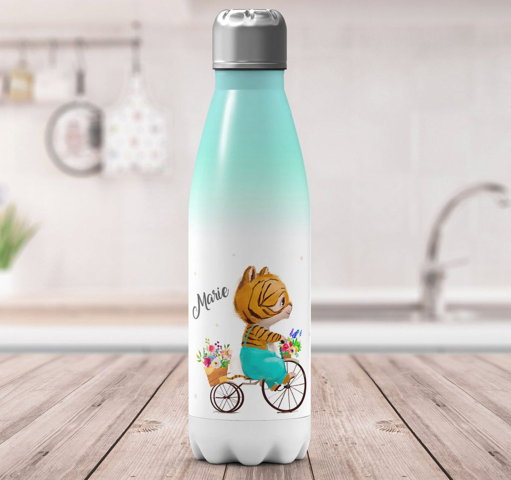 Thermo Trinkflasche Ein kleiner Tiger auf einem Fahrrad personalisiert mit Wunschname - von Mikalino