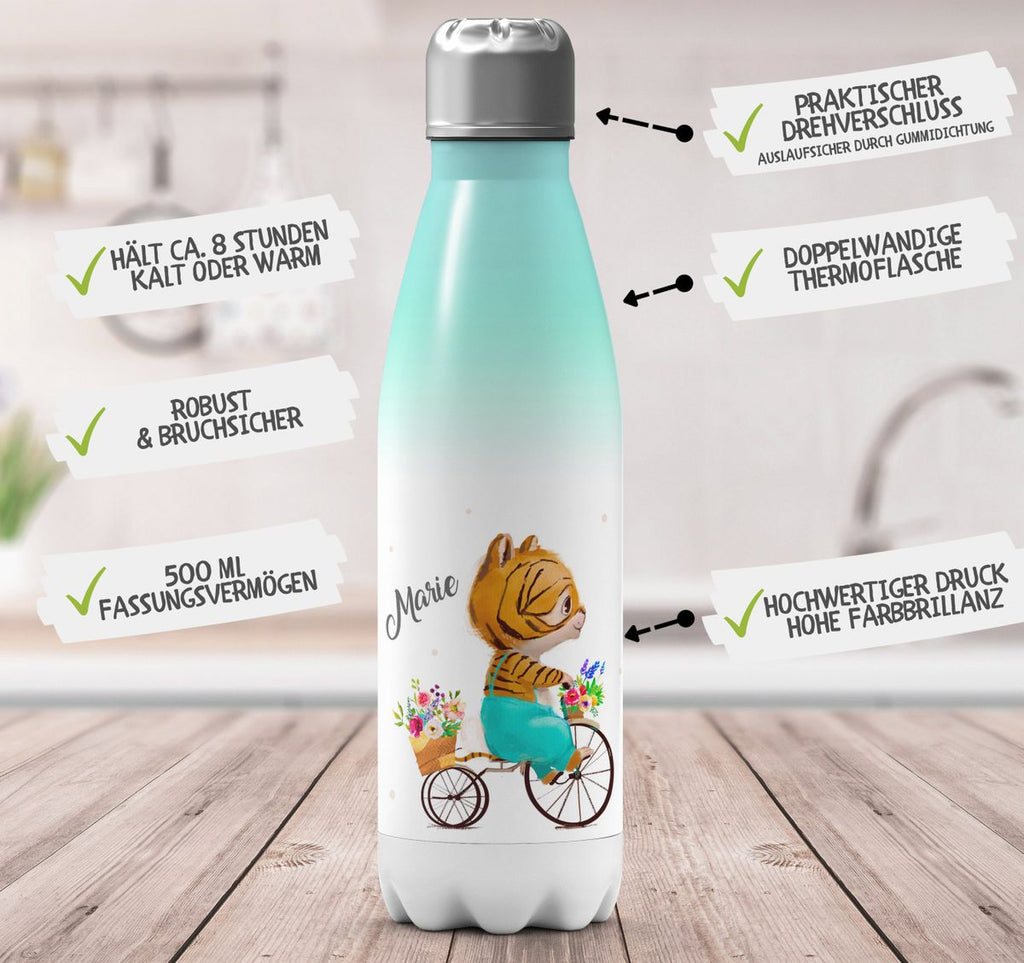 Thermo Trinkflasche Ein kleiner Tiger auf einem Fahrrad personalisiert mit Wunschname - von Mikalino