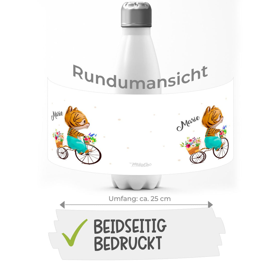 Thermo Trinkflasche Ein kleiner Tiger auf einem Fahrrad personalisiert mit Wunschname - von Mikalino