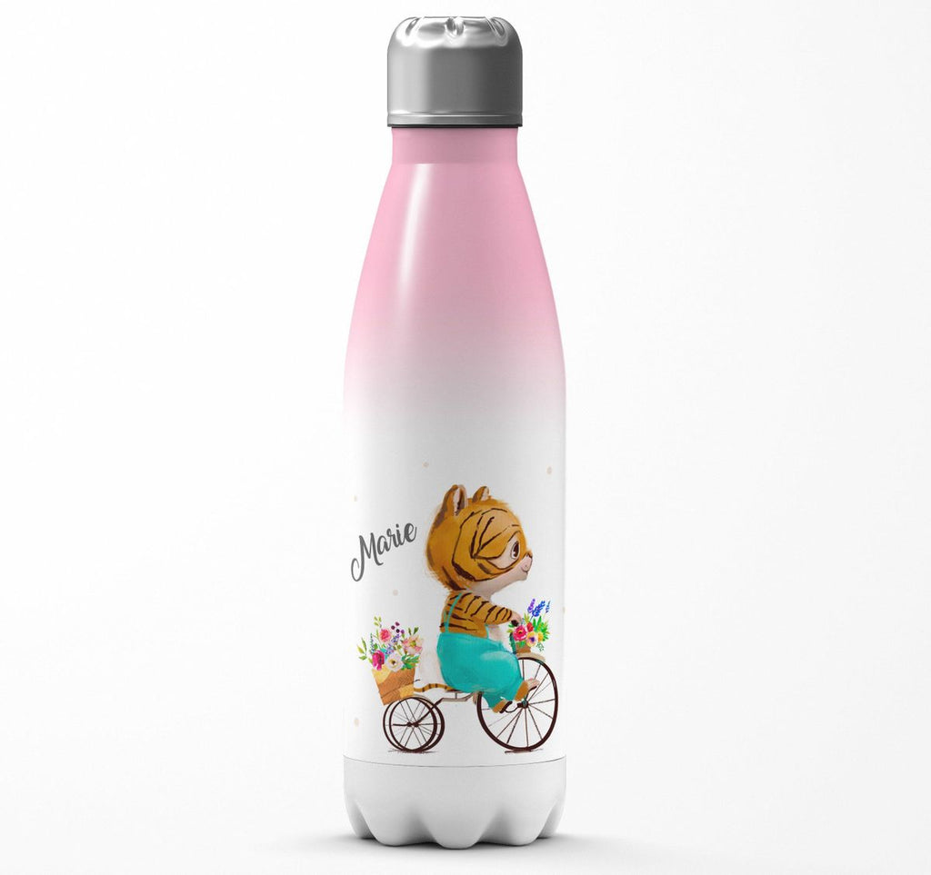 Thermo Trinkflasche Ein kleiner Tiger auf einem Fahrrad personalisiert mit Wunschname - von Mikalino