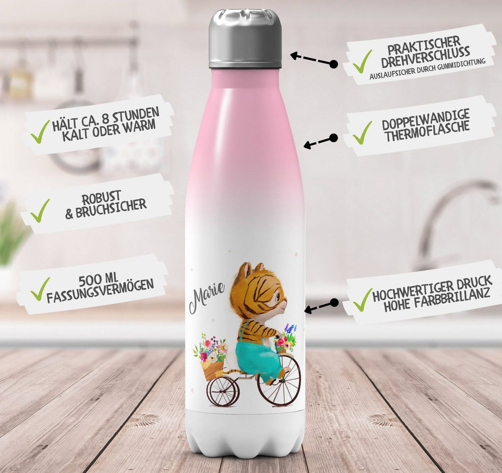 Thermo Trinkflasche Ein kleiner Tiger auf einem Fahrrad personalisiert mit Wunschname - von Mikalino