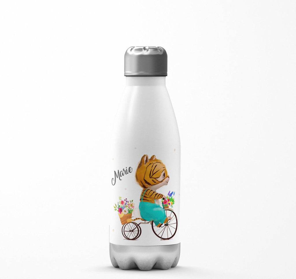 Thermo Trinkflasche Ein kleiner Tiger auf einem Fahrrad personalisiert mit Wunschname - von Mikalino