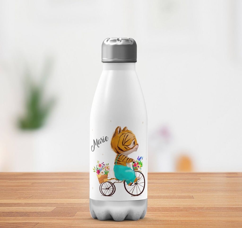 Thermo Trinkflasche Ein kleiner Tiger auf einem Fahrrad personalisiert mit Wunschname - von Mikalino