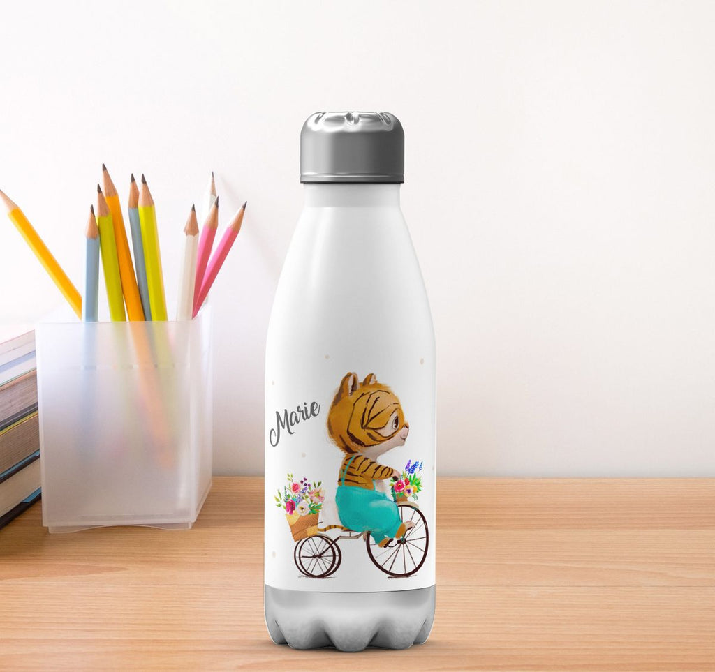 Thermo Trinkflasche Ein kleiner Tiger auf einem Fahrrad personalisiert mit Wunschname - von Mikalino