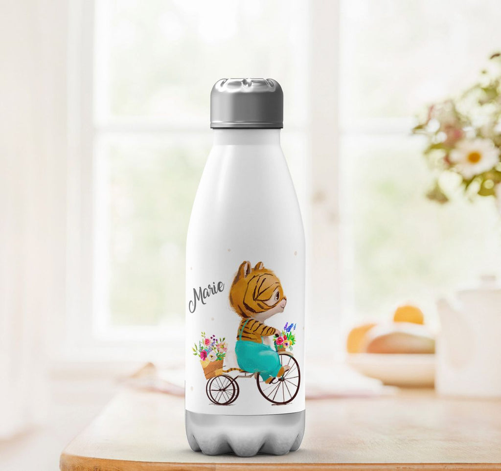 Thermo Trinkflasche Ein kleiner Tiger auf einem Fahrrad personalisiert mit Wunschname - von Mikalino