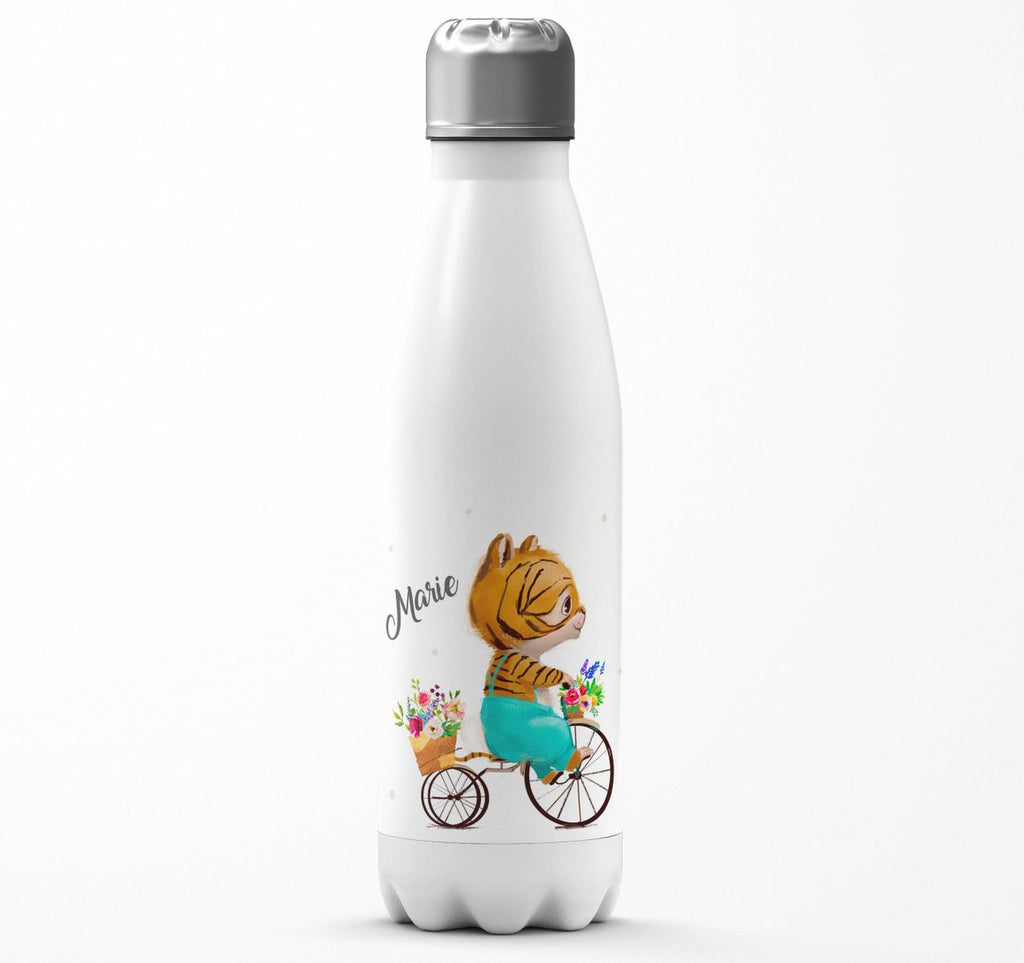 Thermo Trinkflasche Ein kleiner Tiger auf einem Fahrrad personalisiert mit Wunschname - von Mikalino