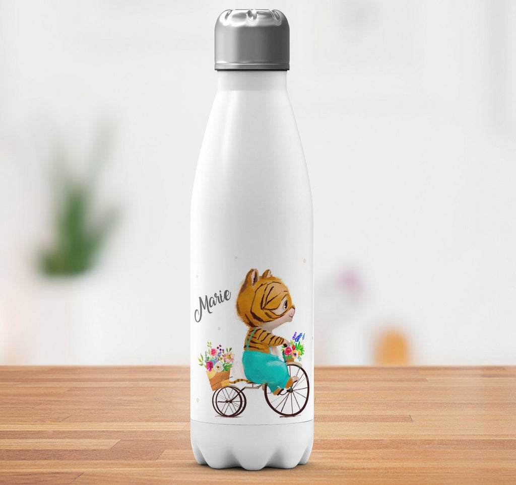 Thermo Trinkflasche Ein kleiner Tiger auf einem Fahrrad personalisiert mit Wunschname - von Mikalino