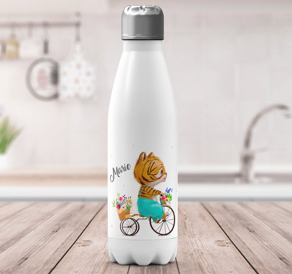 Thermo Trinkflasche Ein kleiner Tiger auf einem Fahrrad personalisiert mit Wunschname - von Mikalino