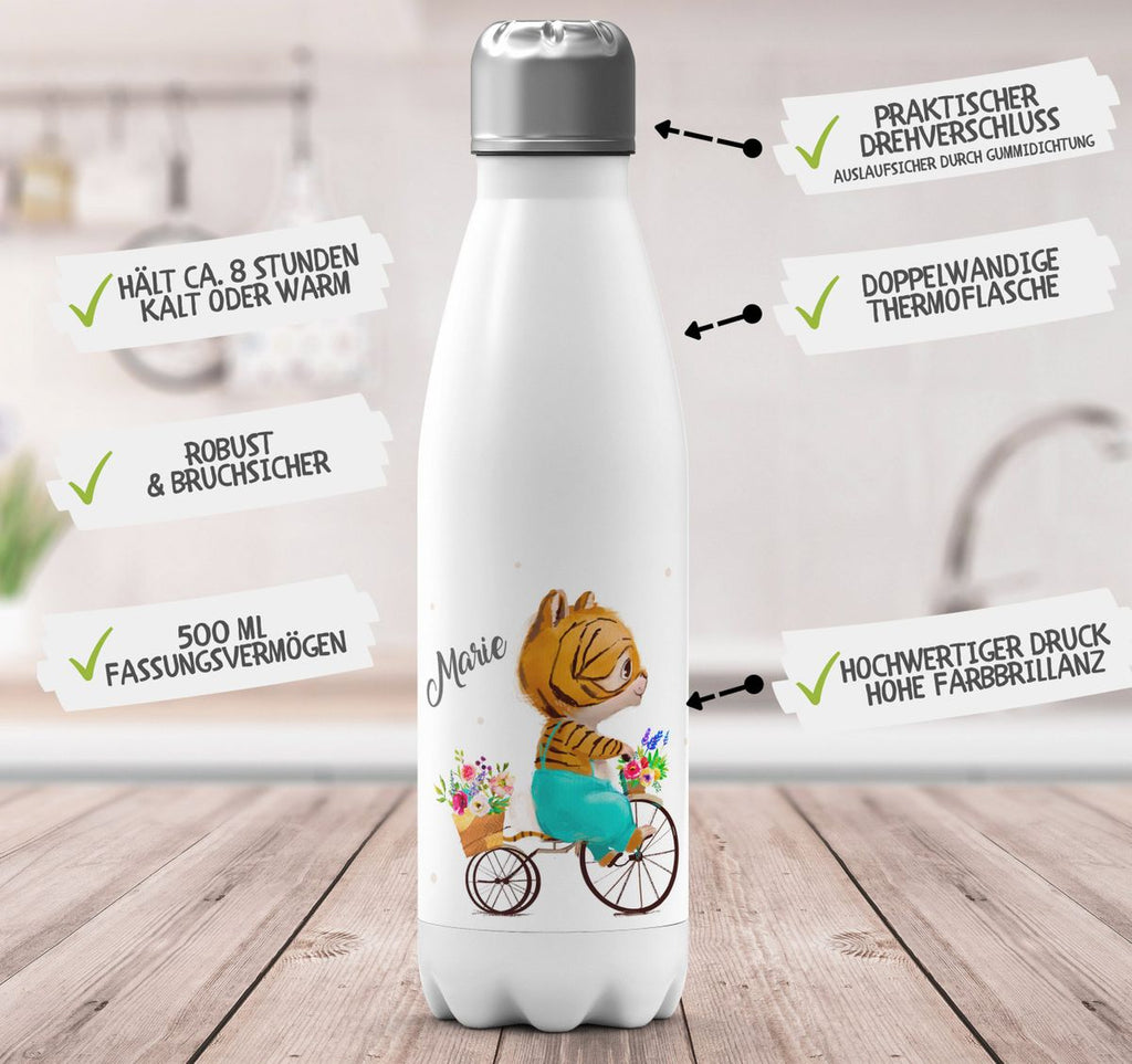 Thermo Trinkflasche Ein kleiner Tiger auf einem Fahrrad personalisiert mit Wunschname - von Mikalino