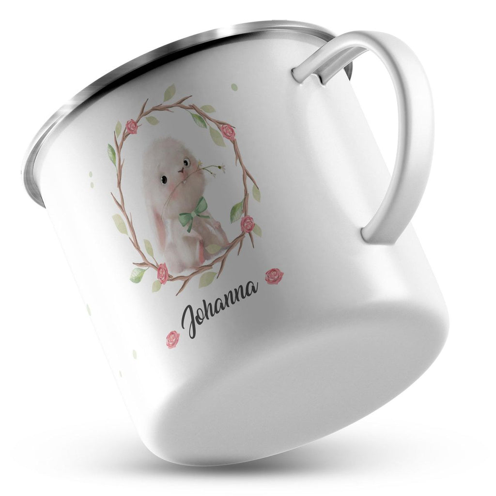 Emaille Tasse Süßer kleiner Hase im Blumenkranz personalisiert mit Wunschname - von Mikalino