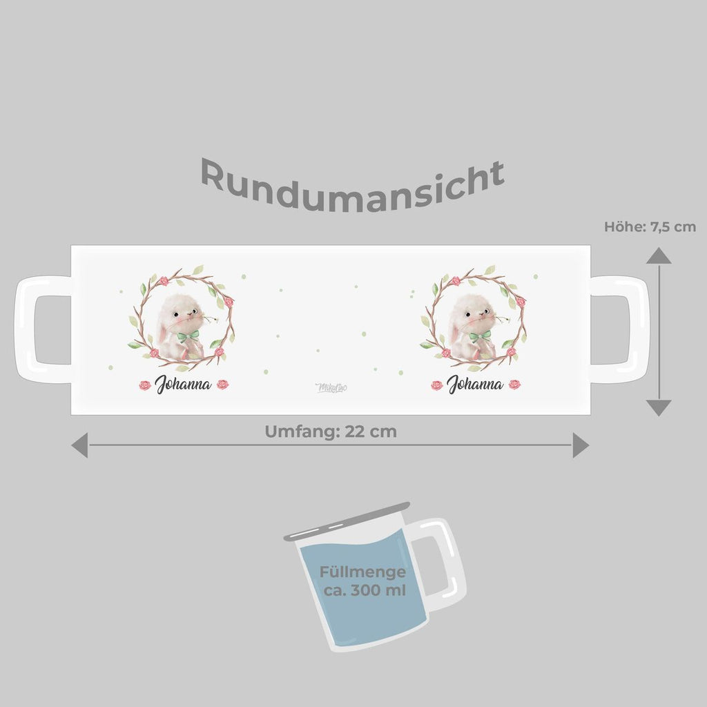 Emaille Tasse Süßer kleiner Hase im Blumenkranz personalisiert mit Wunschname - von Mikalino