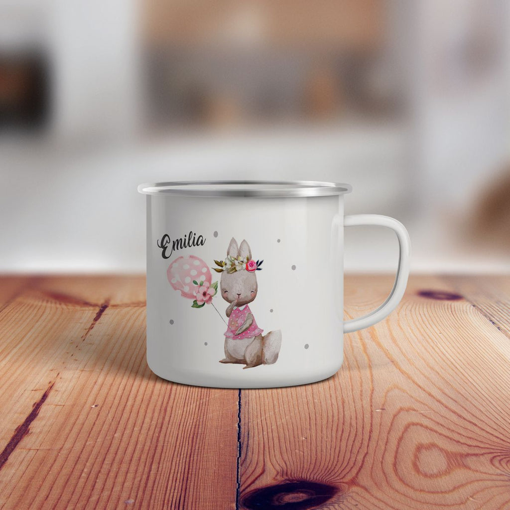 Emaille Tasse Lachender kleiner Hase personalisiert mit Wunschname - von Mikalino