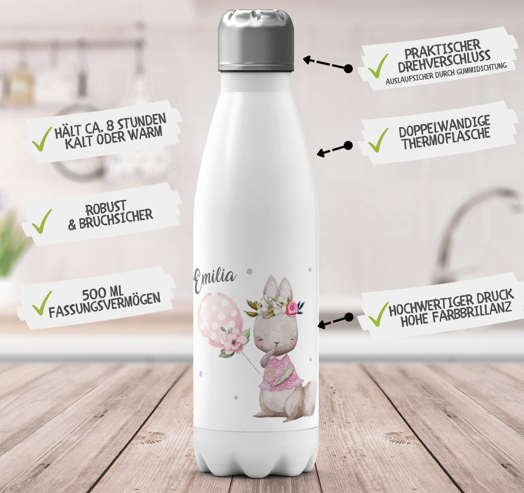 Thermo Trinkflasche Lachender kleiner Hase personalisiert mit Wunschname - von Mikalino