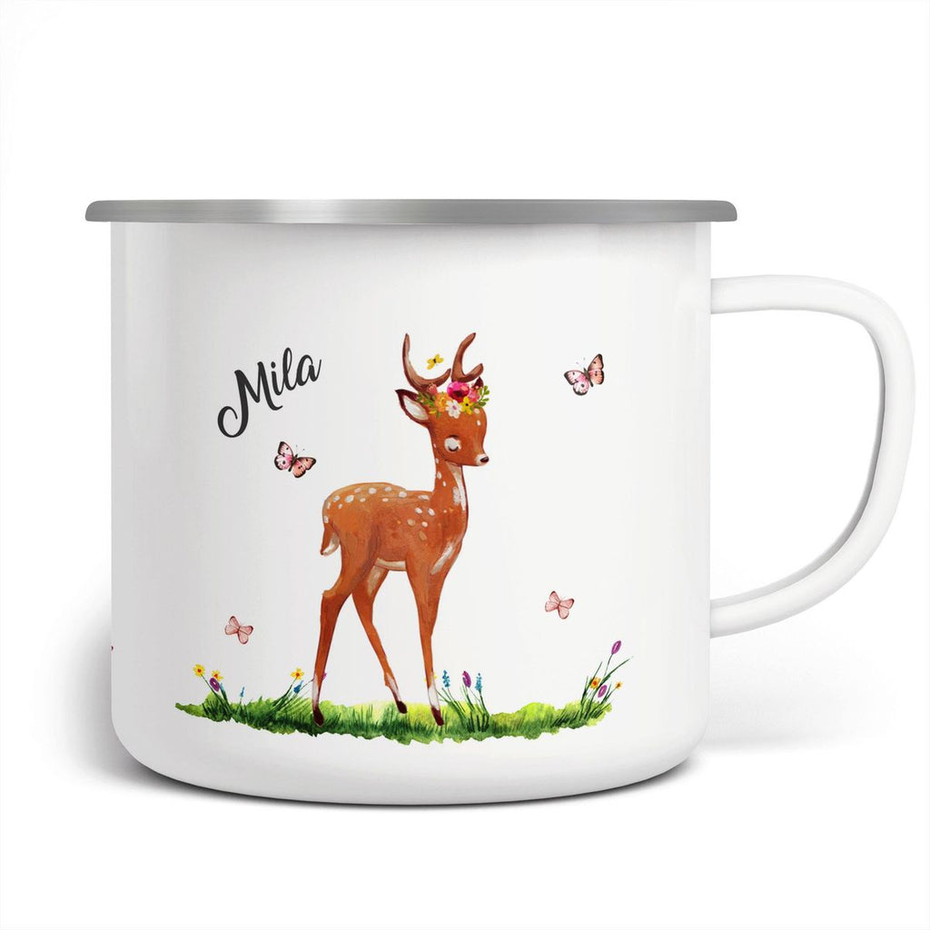 Emaille Tasse Niedliches Rehkitz auf einer Blumenwiese personalisiert mit Wunschname - von Mikalino