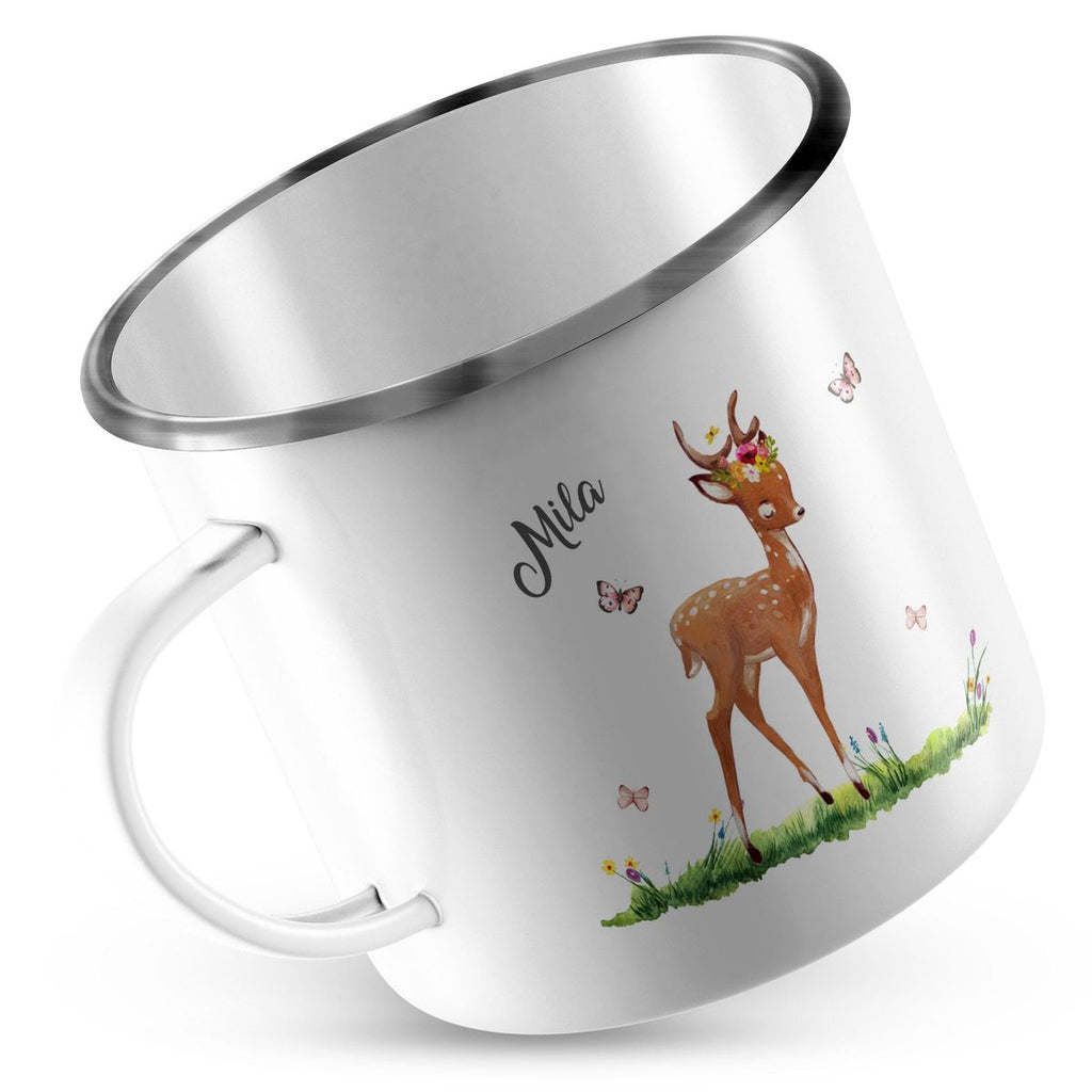 Emaille Tasse Niedliches Rehkitz auf einer Blumenwiese personalisiert mit Wunschname - von Mikalino