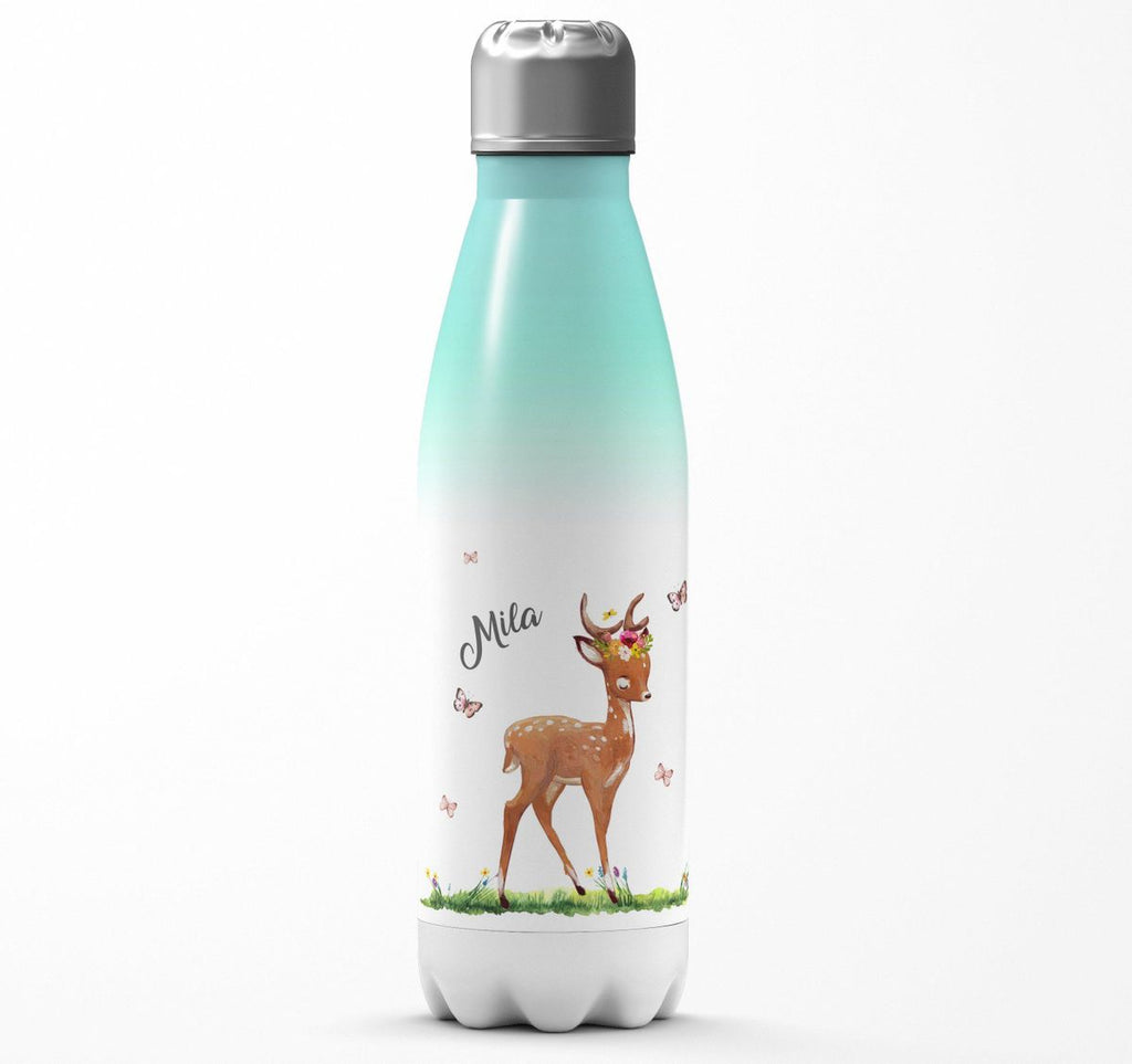 Thermo Trinkflasche Niedliches Rehkitz auf einer Blumenwiese personalisiert mit Wunschname - von Mikalino