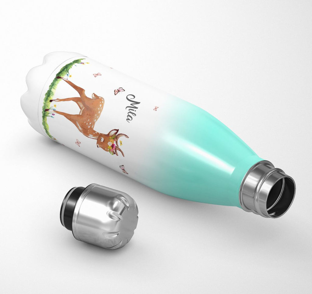 Thermo Trinkflasche Niedliches Rehkitz auf einer Blumenwiese personalisiert mit Wunschname - von Mikalino