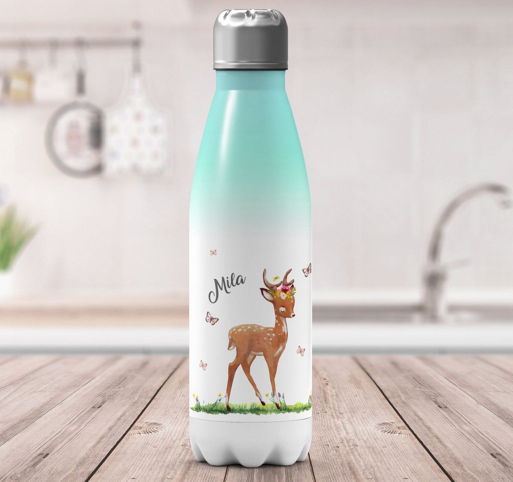 Thermo Trinkflasche Niedliches Rehkitz auf einer Blumenwiese personalisiert mit Wunschname - von Mikalino