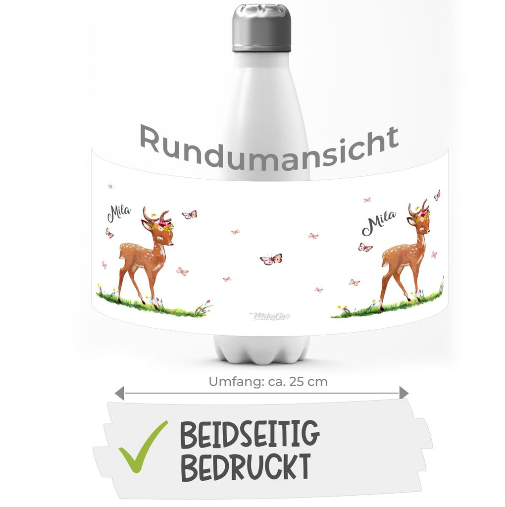 Thermo Trinkflasche Niedliches Rehkitz auf einer Blumenwiese personalisiert mit Wunschname - von Mikalino