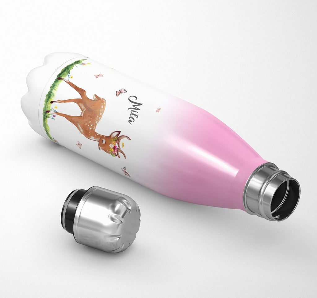 Thermo Trinkflasche Niedliches Rehkitz auf einer Blumenwiese personalisiert mit Wunschname - von Mikalino