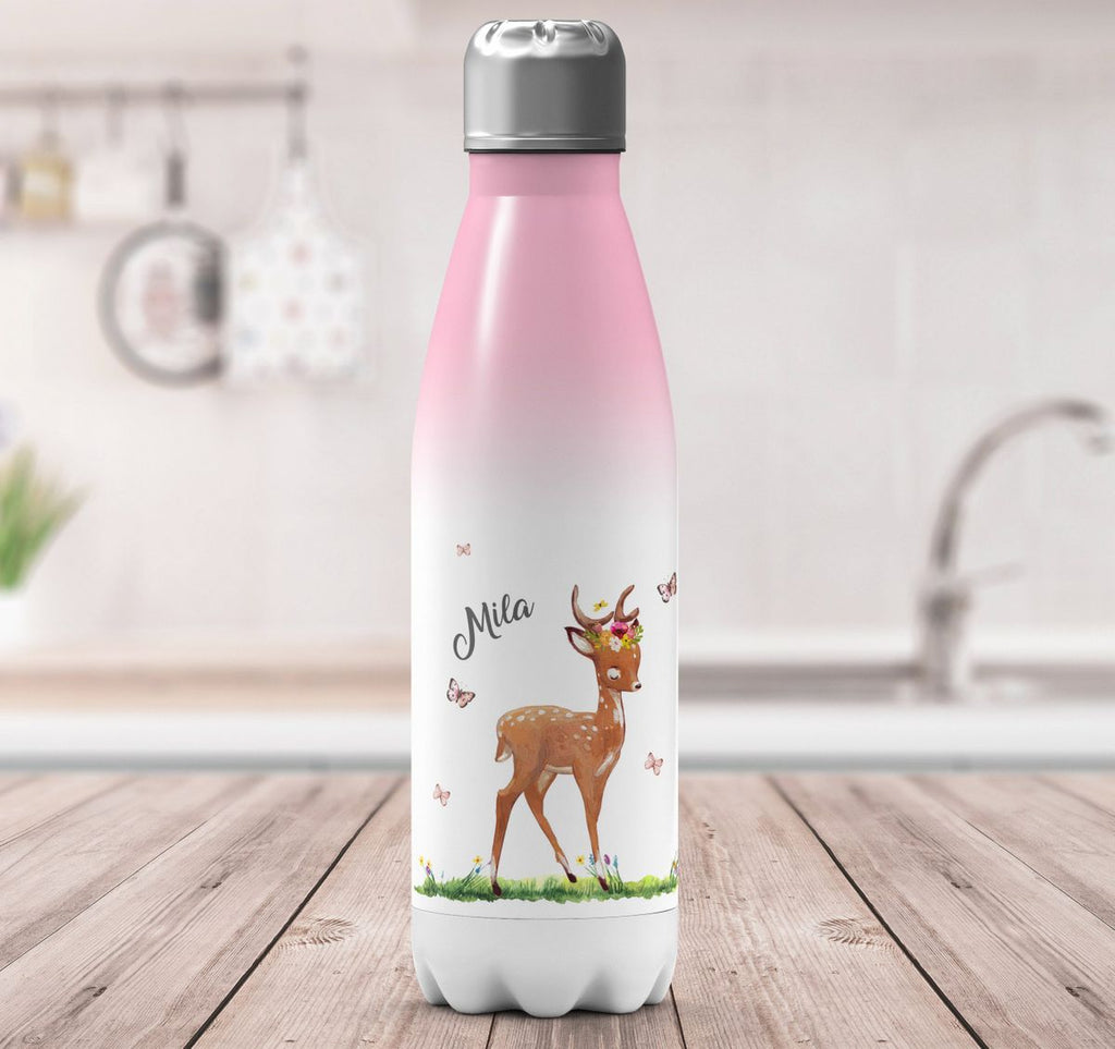 Thermo Trinkflasche Niedliches Rehkitz auf einer Blumenwiese personalisiert mit Wunschname - von Mikalino