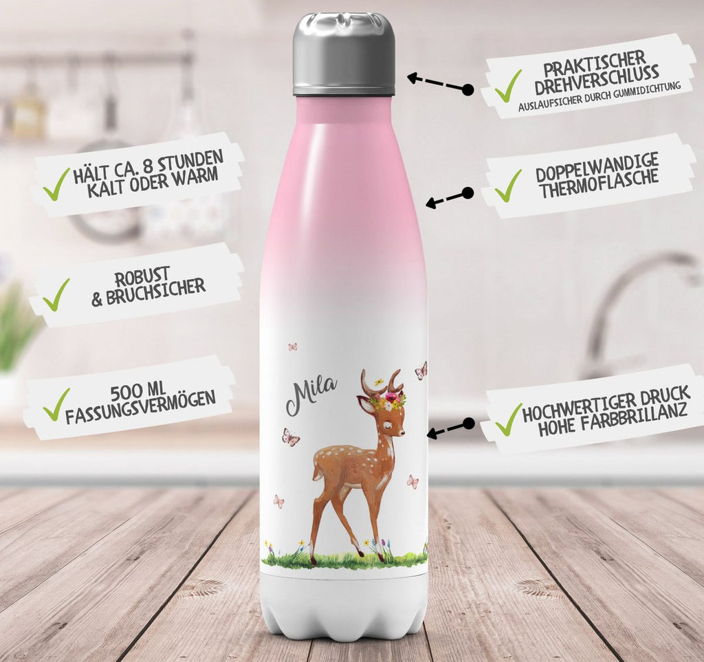 Thermo Trinkflasche Niedliches Rehkitz auf einer Blumenwiese personalisiert mit Wunschname - von Mikalino