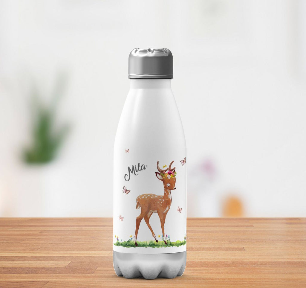 Thermo Trinkflasche Niedliches Rehkitz auf einer Blumenwiese personalisiert mit Wunschname - von Mikalino