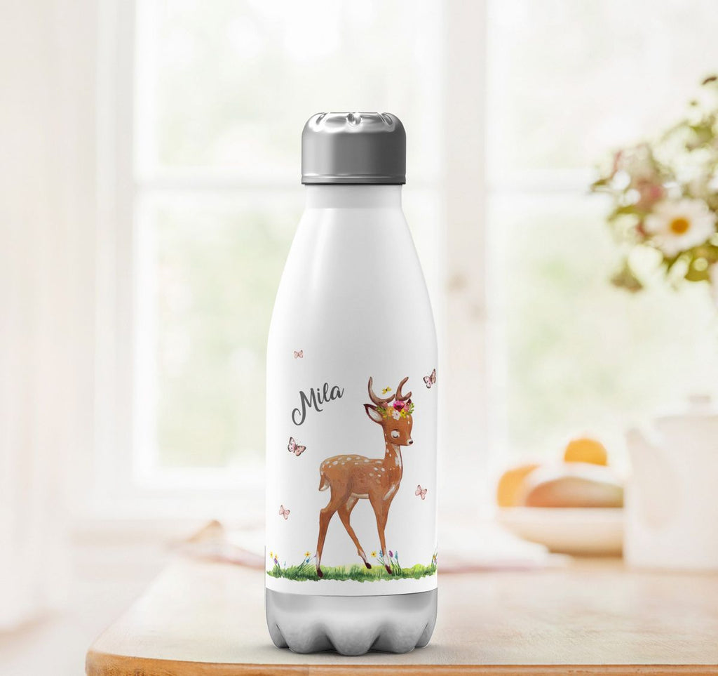 Thermo Trinkflasche Niedliches Rehkitz auf einer Blumenwiese personalisiert mit Wunschname - von Mikalino