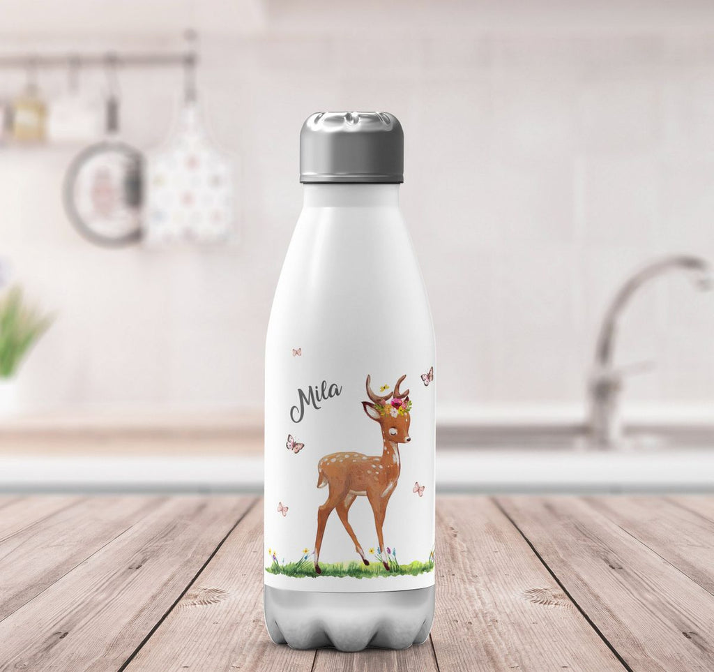 Thermo Trinkflasche Niedliches Rehkitz auf einer Blumenwiese personalisiert mit Wunschname - von Mikalino