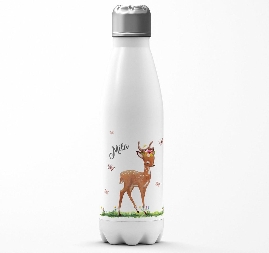 Thermo Trinkflasche Niedliches Rehkitz auf einer Blumenwiese personalisiert mit Wunschname - von Mikalino