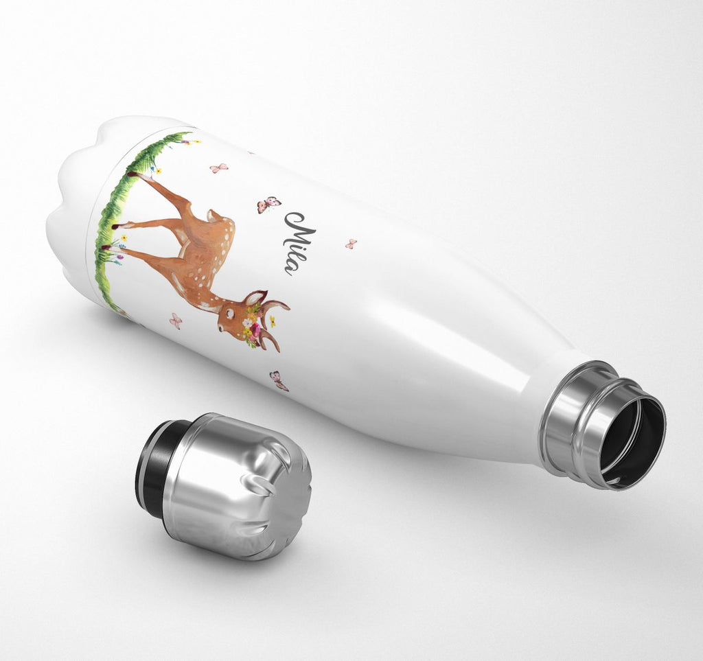 Thermo Trinkflasche Niedliches Rehkitz auf einer Blumenwiese personalisiert mit Wunschname - von Mikalino