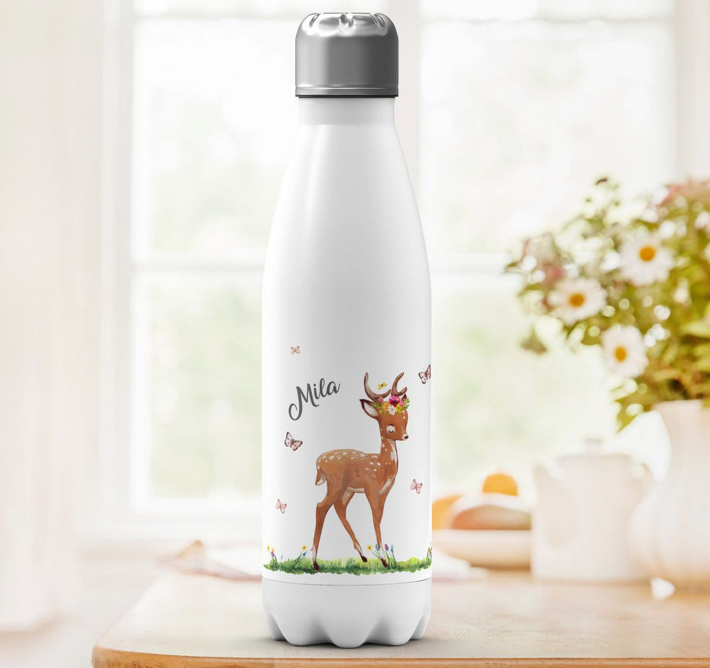 Thermo Trinkflasche Niedliches Rehkitz auf einer Blumenwiese personalisiert mit Wunschname - von Mikalino