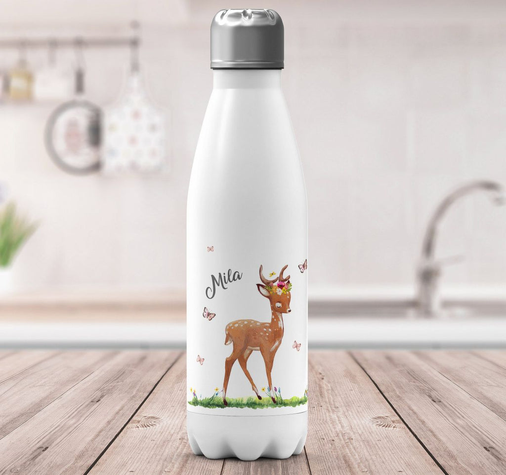 Thermo Trinkflasche Niedliches Rehkitz auf einer Blumenwiese personalisiert mit Wunschname - von Mikalino