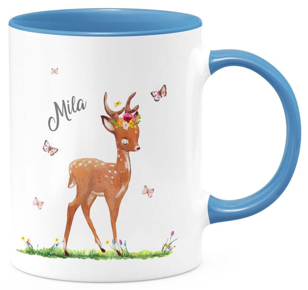 Keramik Tasse Niedliches Rehkitz auf einer Blumenwiese personalisiert mit Wunschname - von Mikalino