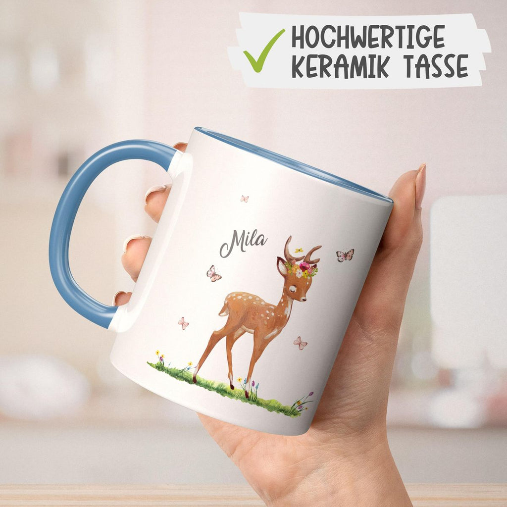 Keramik Tasse Niedliches Rehkitz auf einer Blumenwiese personalisiert mit Wunschname - von Mikalino