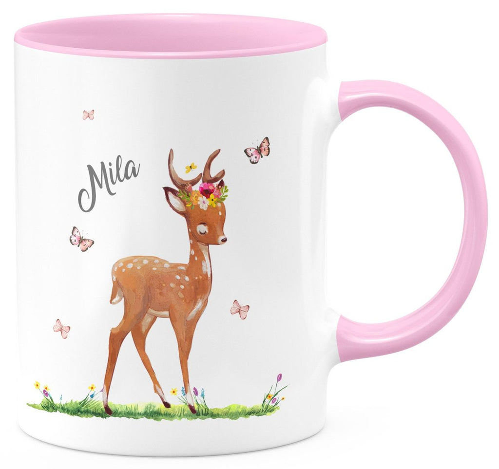 Keramik Tasse Niedliches Rehkitz auf einer Blumenwiese personalisiert mit Wunschname - von Mikalino