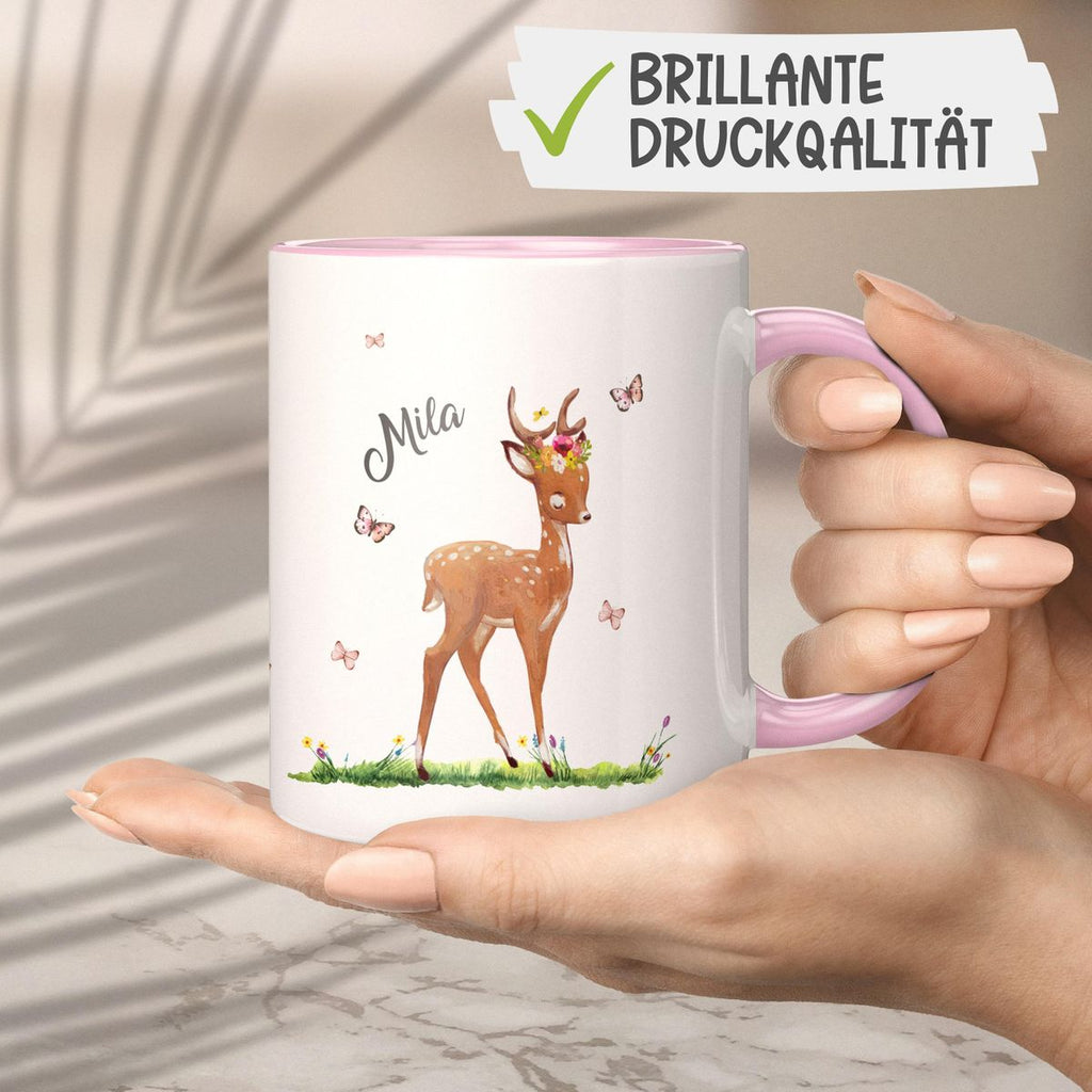 Keramik Tasse Niedliches Rehkitz auf einer Blumenwiese personalisiert mit Wunschname - von Mikalino