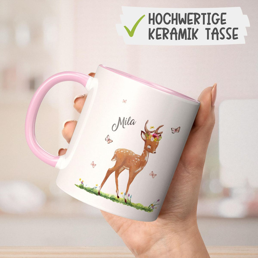 Keramik Tasse Niedliches Rehkitz auf einer Blumenwiese personalisiert mit Wunschname - von Mikalino