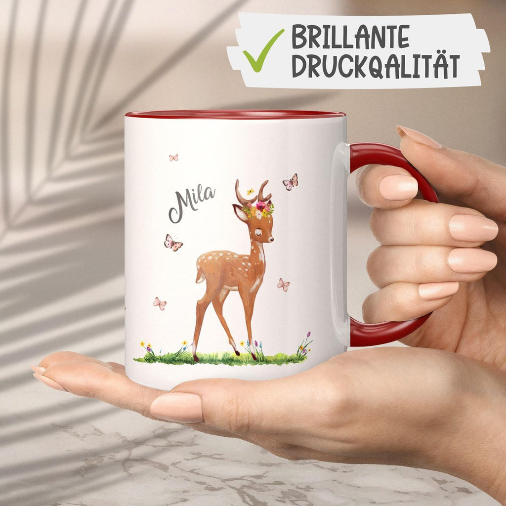 Keramik Tasse Niedliches Rehkitz auf einer Blumenwiese personalisiert mit Wunschname - von Mikalino