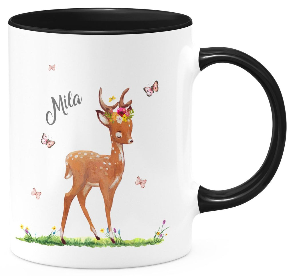 Keramik Tasse Niedliches Rehkitz auf einer Blumenwiese personalisiert mit Wunschname - von Mikalino