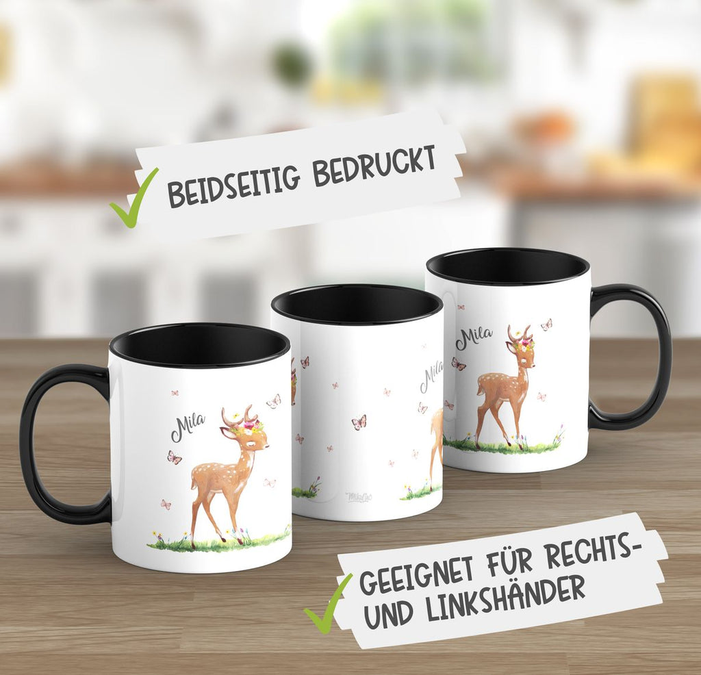 Keramik Tasse Niedliches Rehkitz auf einer Blumenwiese personalisiert mit Wunschname - von Mikalino