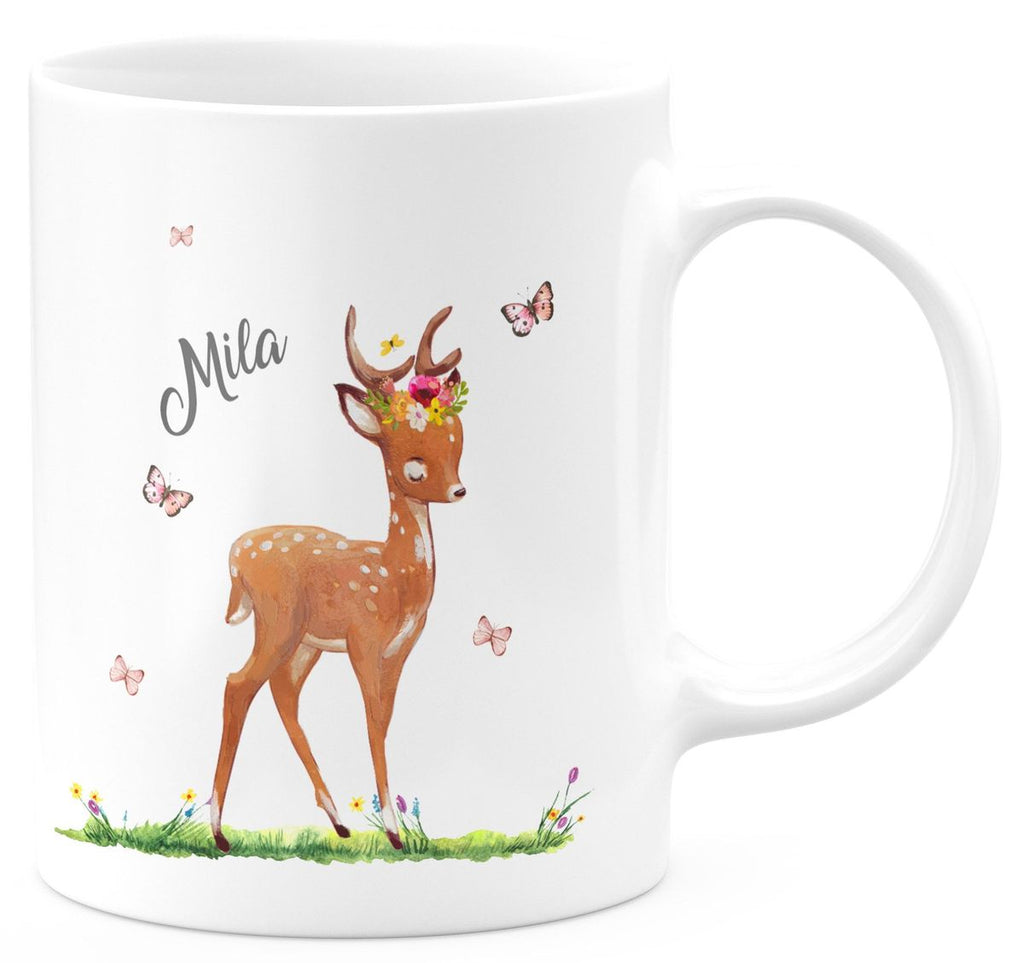 Keramik Tasse Niedliches Rehkitz auf einer Blumenwiese personalisiert mit Wunschname - von Mikalino