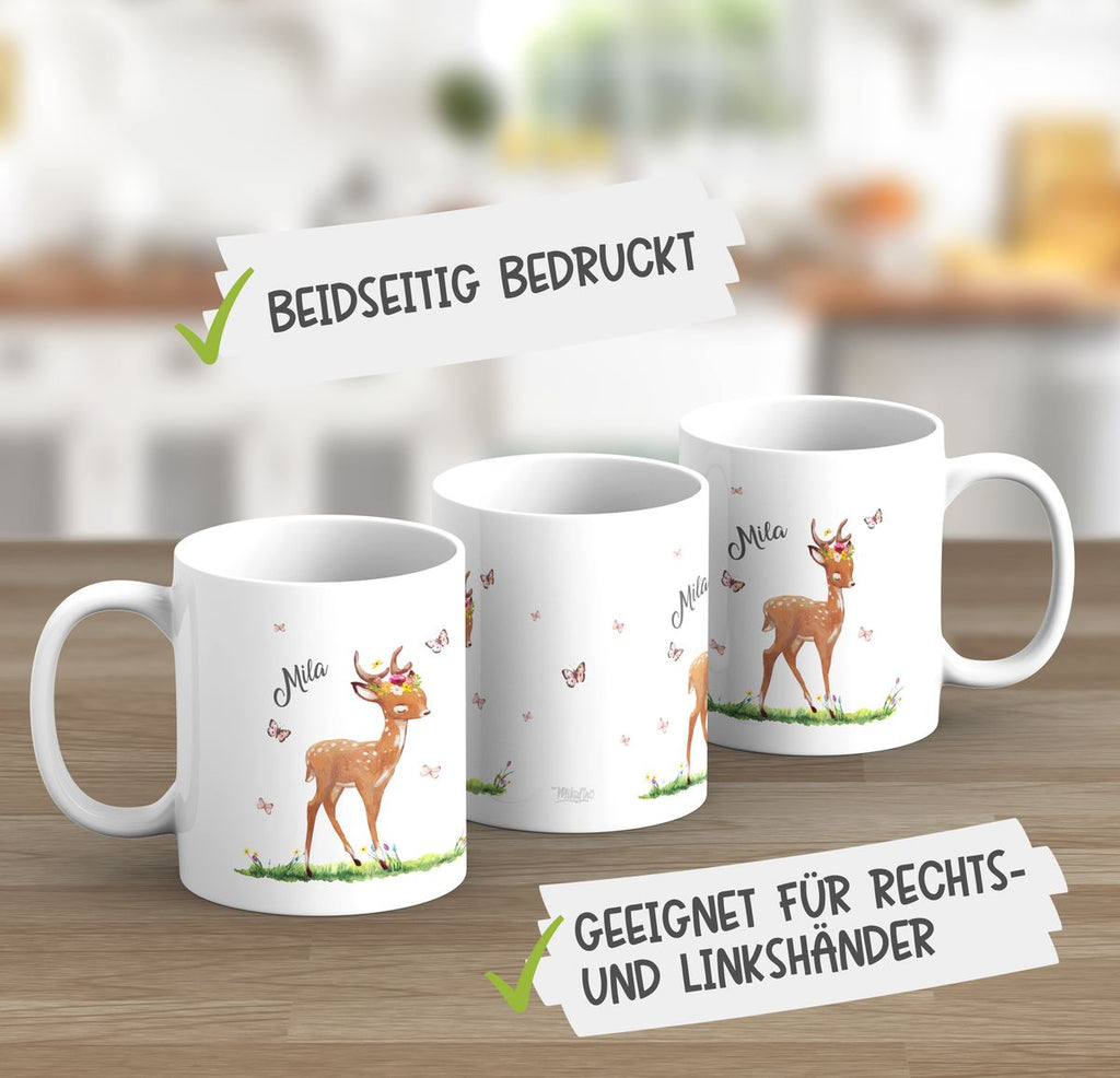 Keramik Tasse Niedliches Rehkitz auf einer Blumenwiese personalisiert mit Wunschname - von Mikalino