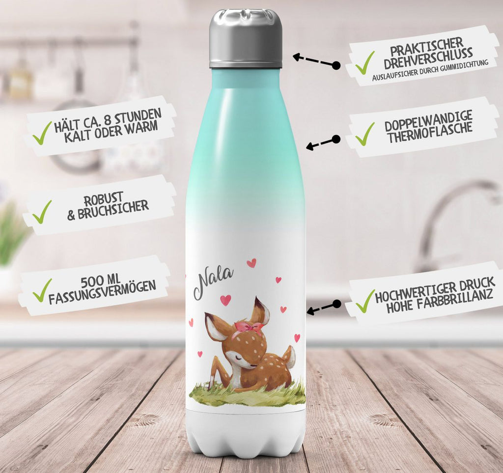 Thermo Trinkflasche Süßes Rehkitz im Gras personalisiert mit Wunschname - von Mikalino