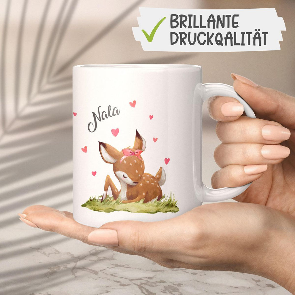 Keramik Tasse Süßes Rehkitz im Gras personalisiert mit Wunschname - von Mikalino