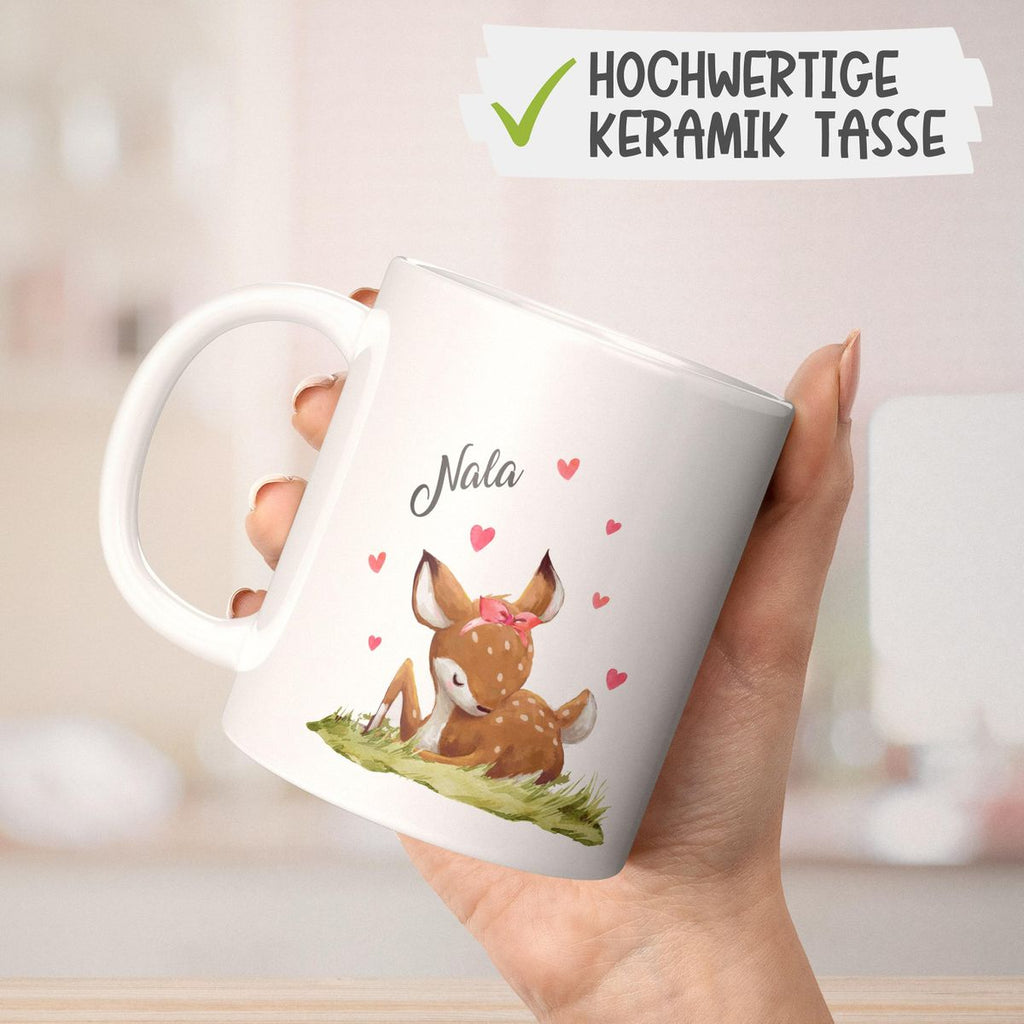 Keramik Tasse Süßes Rehkitz im Gras personalisiert mit Wunschname - von Mikalino