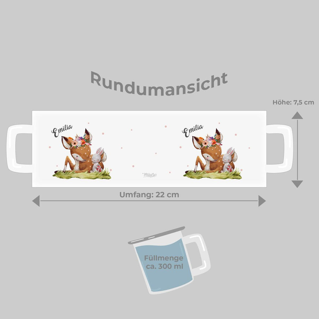 Emaille Tasse Süßes Rehkitz mit Hase im Gras personalisiert mit Wunschname - von Mikalino