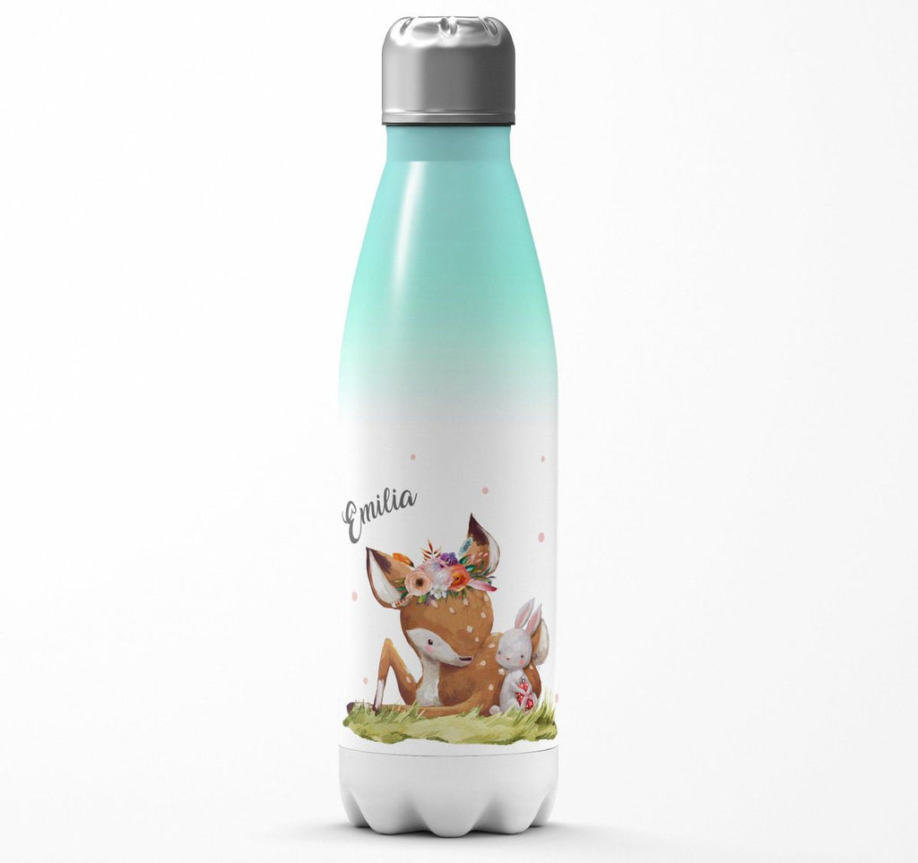 Thermo Trinkflasche Süßes Rehkitz mit Hase im Gras personalisiert mit Wunschname - von Mikalino